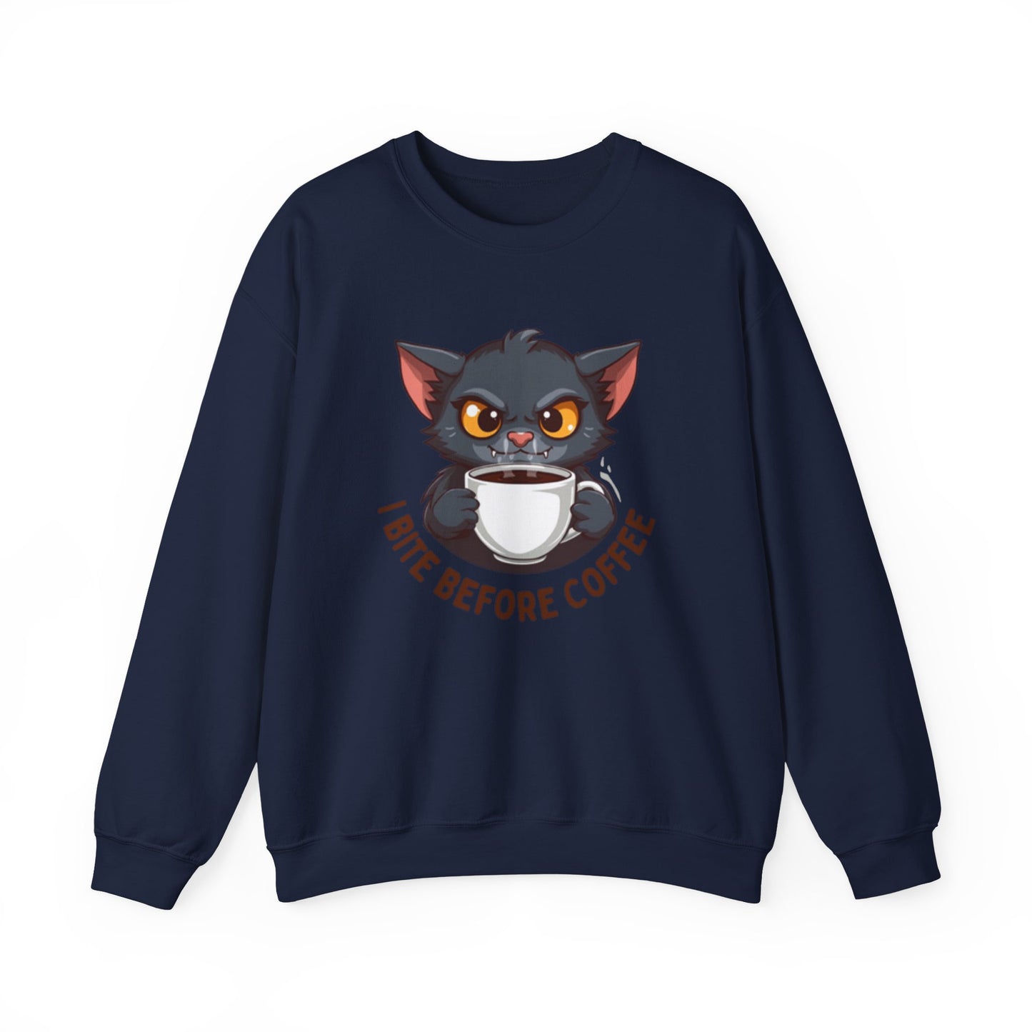 Grumpy Kitty “I Bite Before Coffee” Graphic Crewneck Sweatshirt