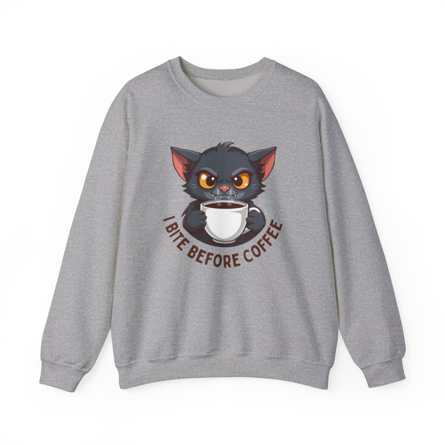 Grumpy Kitty “I Bite Before Coffee” Graphic Crewneck Sweatshirt