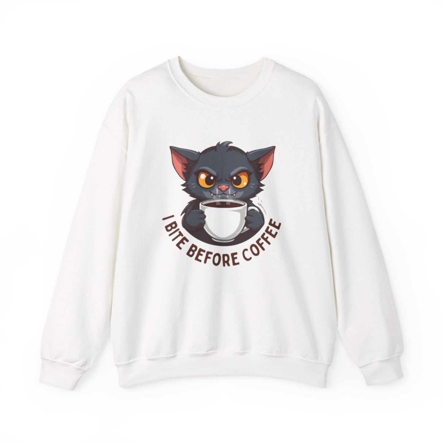 Grumpy Kitty “I Bite Before Coffee” Graphic Crewneck Sweatshirt