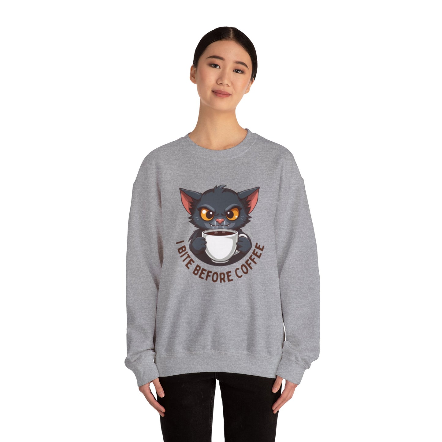 Grumpy Kitty “I Bite Before Coffee” Graphic Crewneck Sweatshirt