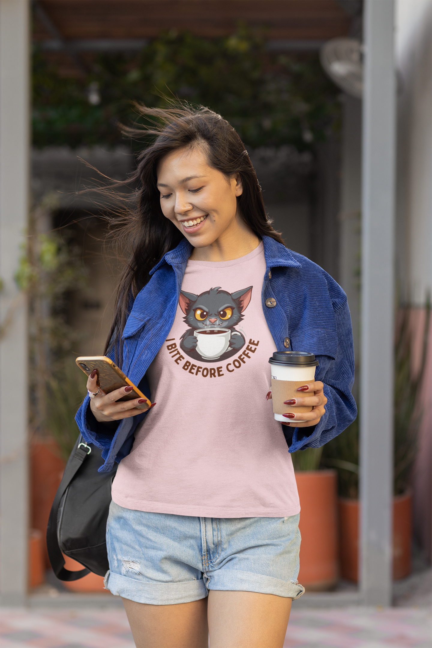 Grumpy Kitty “I Bite Before Coffee” Graphic T-Shirt